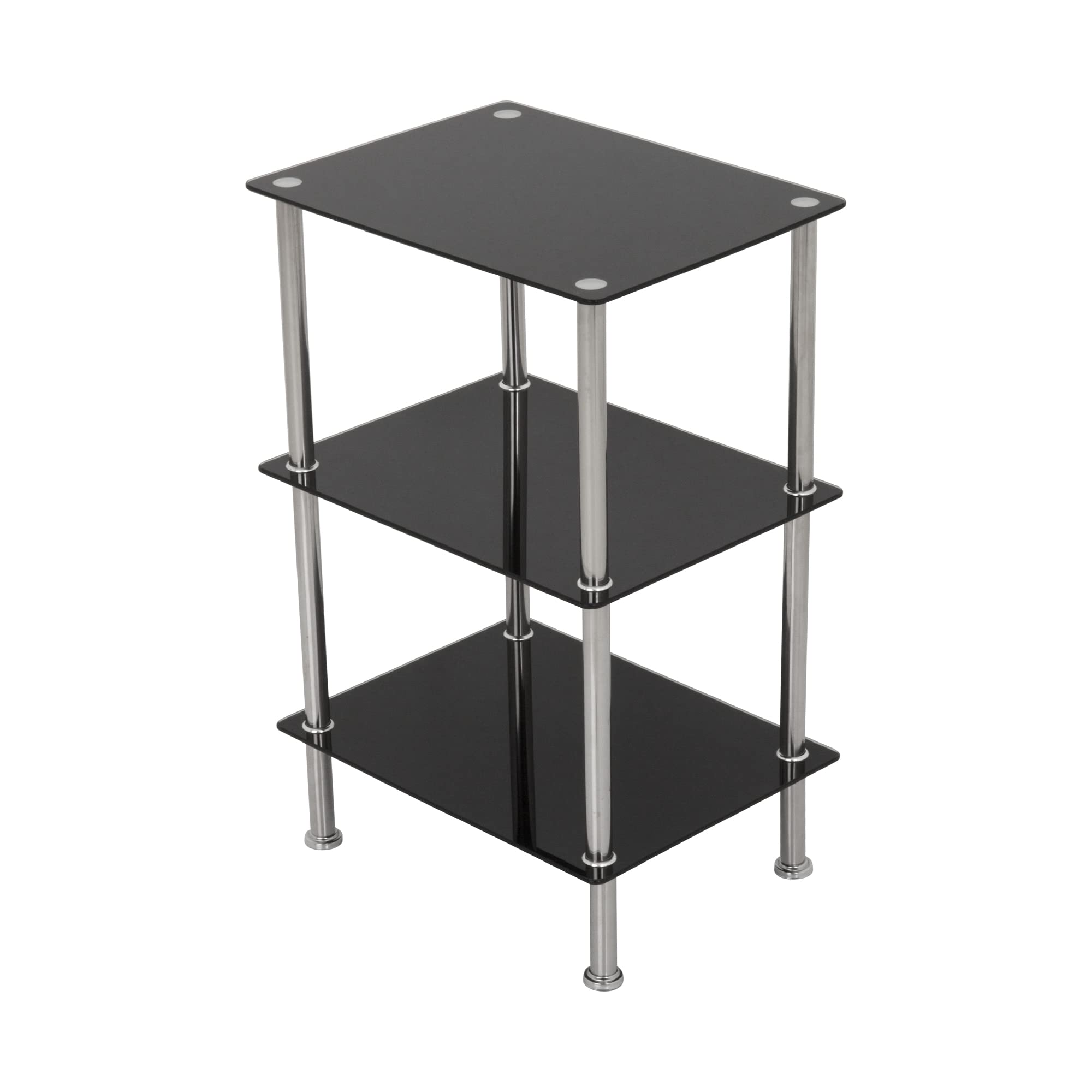 king MAHARA 3 Tier Chrome Effect Black Glass Shelving Unit - Tempered Safety Glass Shelves Max 5kg Each - Storage Unit W40cm x D30cm x H61cm - Bedroom Storage/Living Room Accessories/Home Accessories