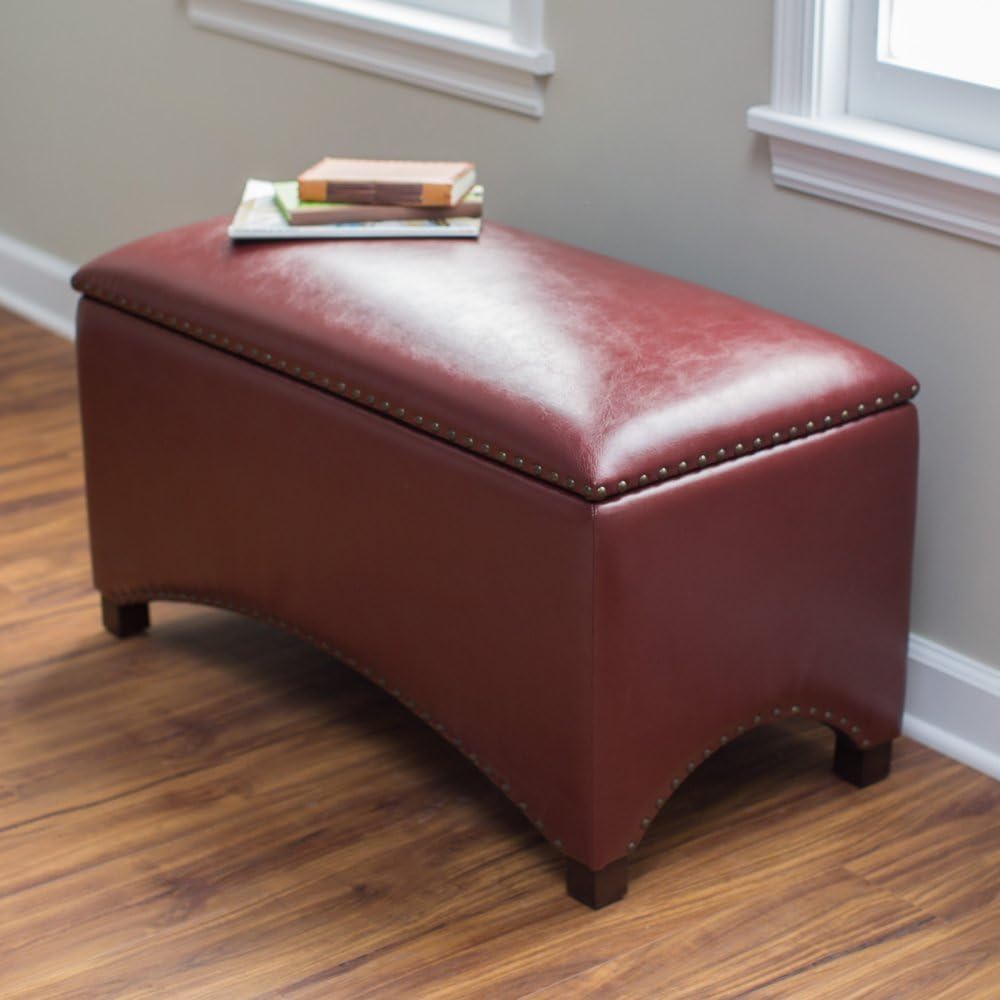 Premium Nailhead Storage Bench - Modern Leather Window Seating Organizer Home Furniture Living Room Bedroom Entryway Indoor Flip Top (Deep Red)
