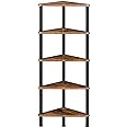HOOBRO Corner Shelf Stand, Industrial 5-Tier Corner Bookshelf with Metal Frame, Plant Display Shelf, Small Bookcase for Small Spaces, Bedroom, Living Room, Rustic Brown BF33CJ01
