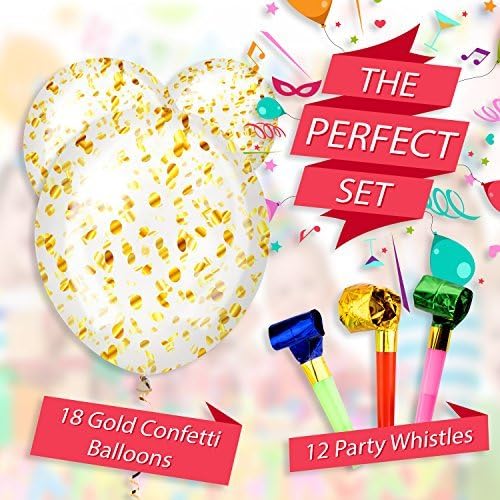 KidzLand Gold Confetti Balloons, Blow- Up Balloons with Gold Rounds Plus 12 Free Party Whistles for Birthday, Anniversary, Wedding, or Other Events