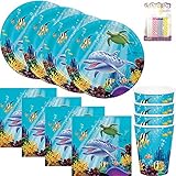 Ocean Sea Life Theme Party Plates Napkins and Cups Serves 16 with Birthday Candles - Ocean Party Supplies (Bundle for 16)