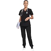 Ninsam Scrubs for Women Set, Classic V-Neck Top & Jogger Pants, 10 Pockets, 4-Way Stretch Women's Nurse Uniforms（Black,XL, X-Large