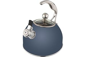 Viking 3-Ply Stainless Steel Tea Kettle, 2.6 Quart Stovetop Hot Water Pot with Tempered Glass Lid, Ergonomic Handle, Induction Ready, Slate and Blue
