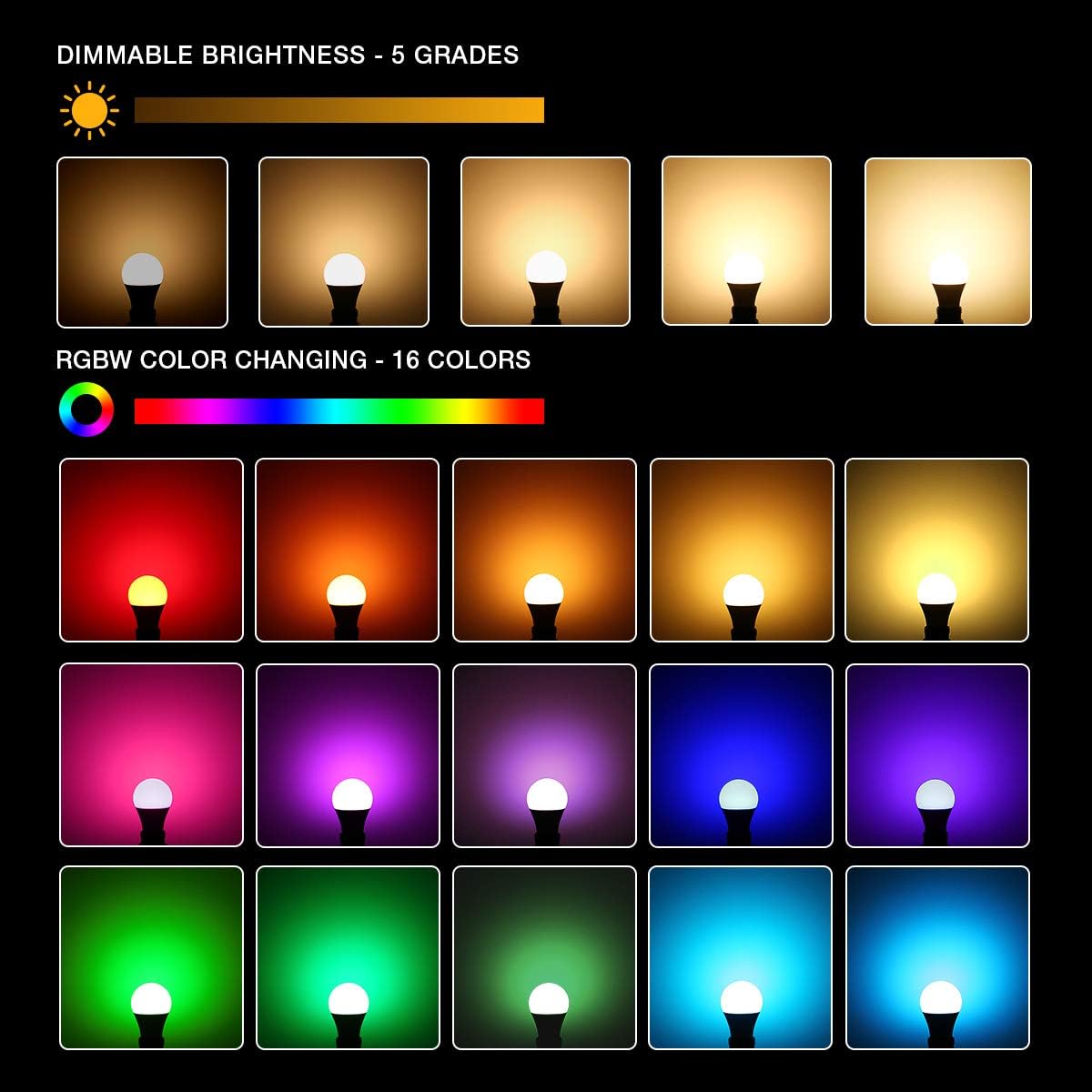 LE RGB Color Changing Light Bulbs with Remote, Dimmable 40 Watt Equivalent Warm White, A19 E26 Screw Base for Home Decor, Bedroom, Stage, Party and More - Led Household Light Bulbs - 