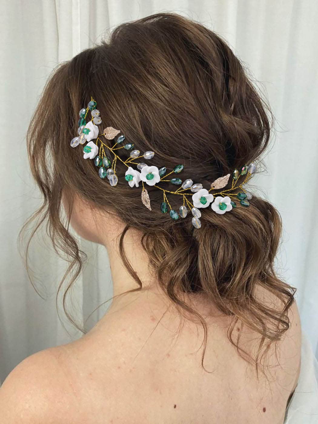 IYOU Crystal Wedding Hair Vines Green Flower Bride Headband Rhinestone Leaf Bridal Hair Accessories for Women