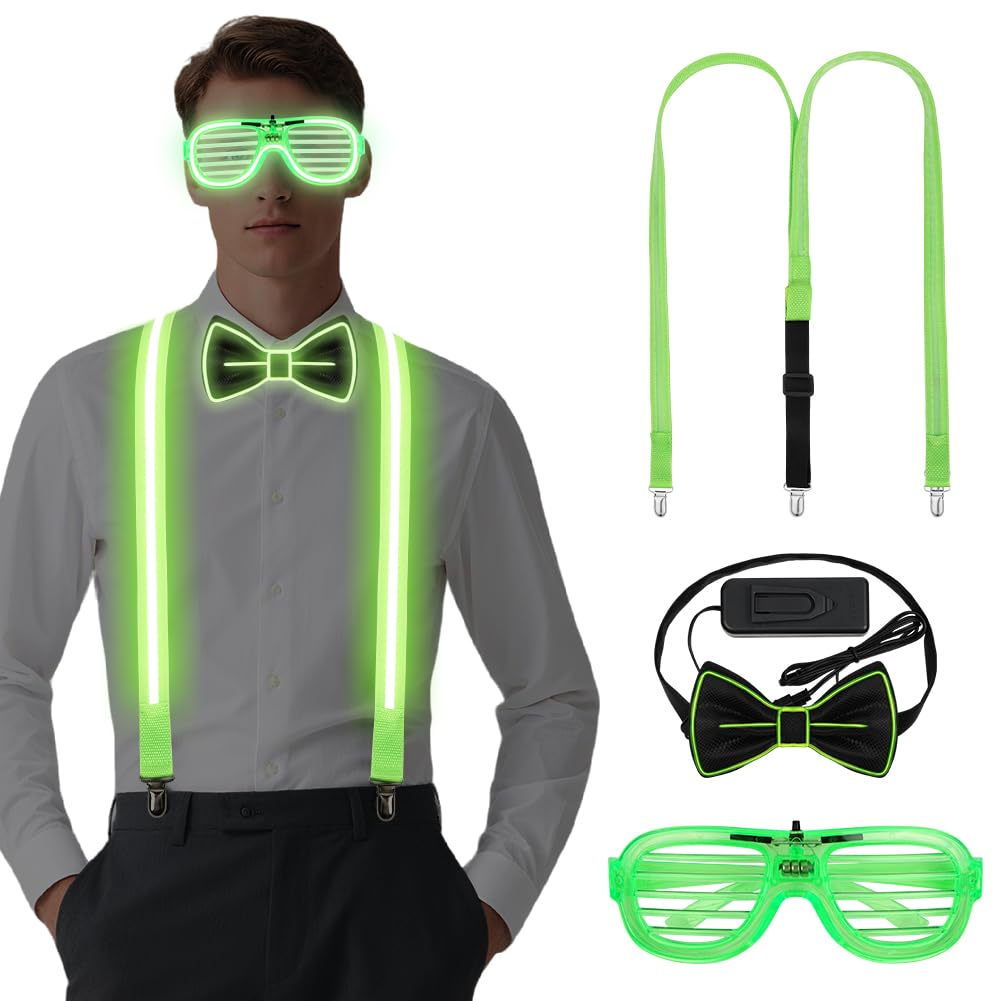 Alaoo LED Light Up Glasses Glow, 3Pcs Light Up Bow Ties 3 Flash Modes LED Glow, LED Braces Bowtie Perfect for Carnival, Music, Festival, Wedding, Halloween, Bachelor Party Green