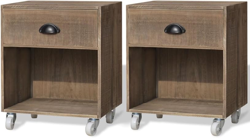 Anself Pair Bedside Table Units Nightstand On Wheels Brown Solid Wood Amazon Co Uk Kitchen Home