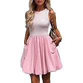 Evzeiem Women's Casual Bubble Mini Dress with Pockets Sleeveless Bubble Hem Striped Tank Short Dresses Summer