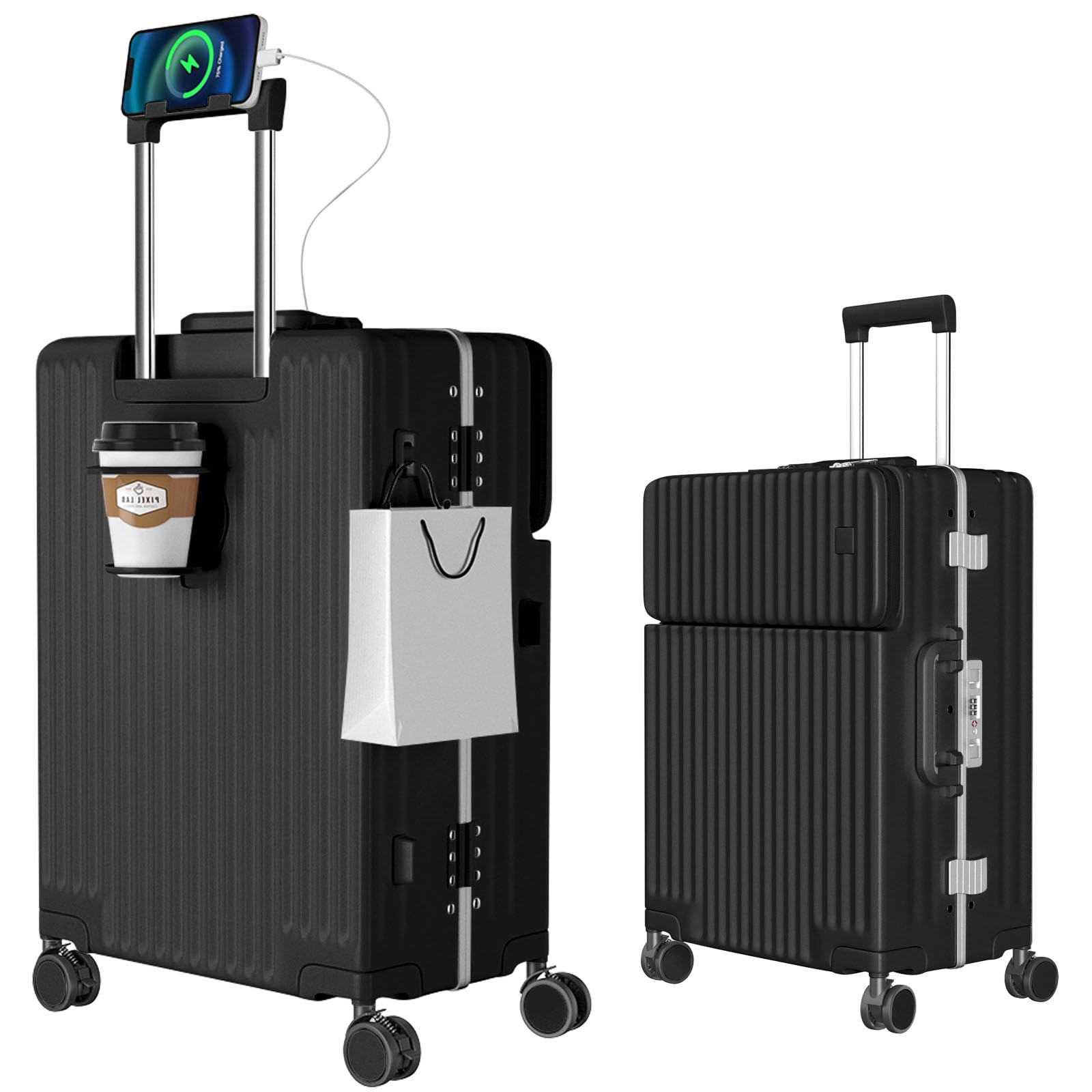 [Ashard] スーツケース 多機能フロントオープン キャリーケース ストッパー付き 機内持ち込み キャリーバッグ 携帯スタンド USBポート付き カップホルダー付き 隠しフック機能 超軽量 耐衝撃 静音 360度回転 ダブルキャスター アルミフレーム ピュアPC材質 大容量 TSAロック搭載 旅行 ビジネス 出張 (ブラック, Sサイズ /42L /機内持込 （1-3泊）)商品画像