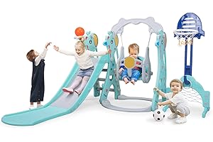 NYEEKOY 5 in 1 Toddlers Slide and Swing Set Indoor Outdoor Freestanding Slide Climber Set with Basketball Hoop and Football Gate for Children Age 3-12, Backyards Slide Playground for Kids