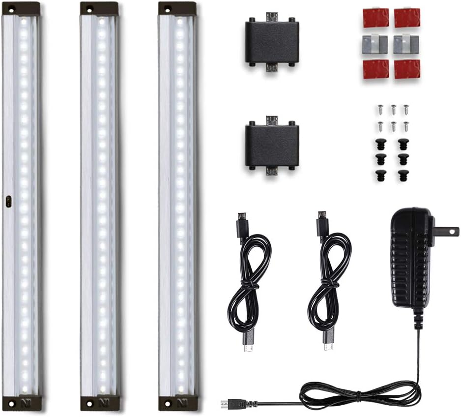 Dimmable Under Cabinet Lighting,Hand Wave Activated Control, Seealle LED Under Counter Lights Closet Light with IR Sensor for Bookshelf Kitchen Stairway,1200lm,Daylight White 6000K(Pack of 3)