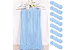 MLMC 8 Pack Cheesecloth Table Runner 10ft Wrinkled Sheer Baby Blue Gauze Table Runner Bulk 35x120 Inches for Wedding Baby Shower Party Decor