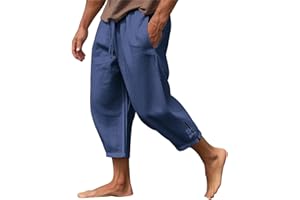 Wankang Men's Casual Linen Cotton Harem Pants Loose Lightweight Capri Slacks Elastic Waist Hippie Beach Yoga Pants for Men