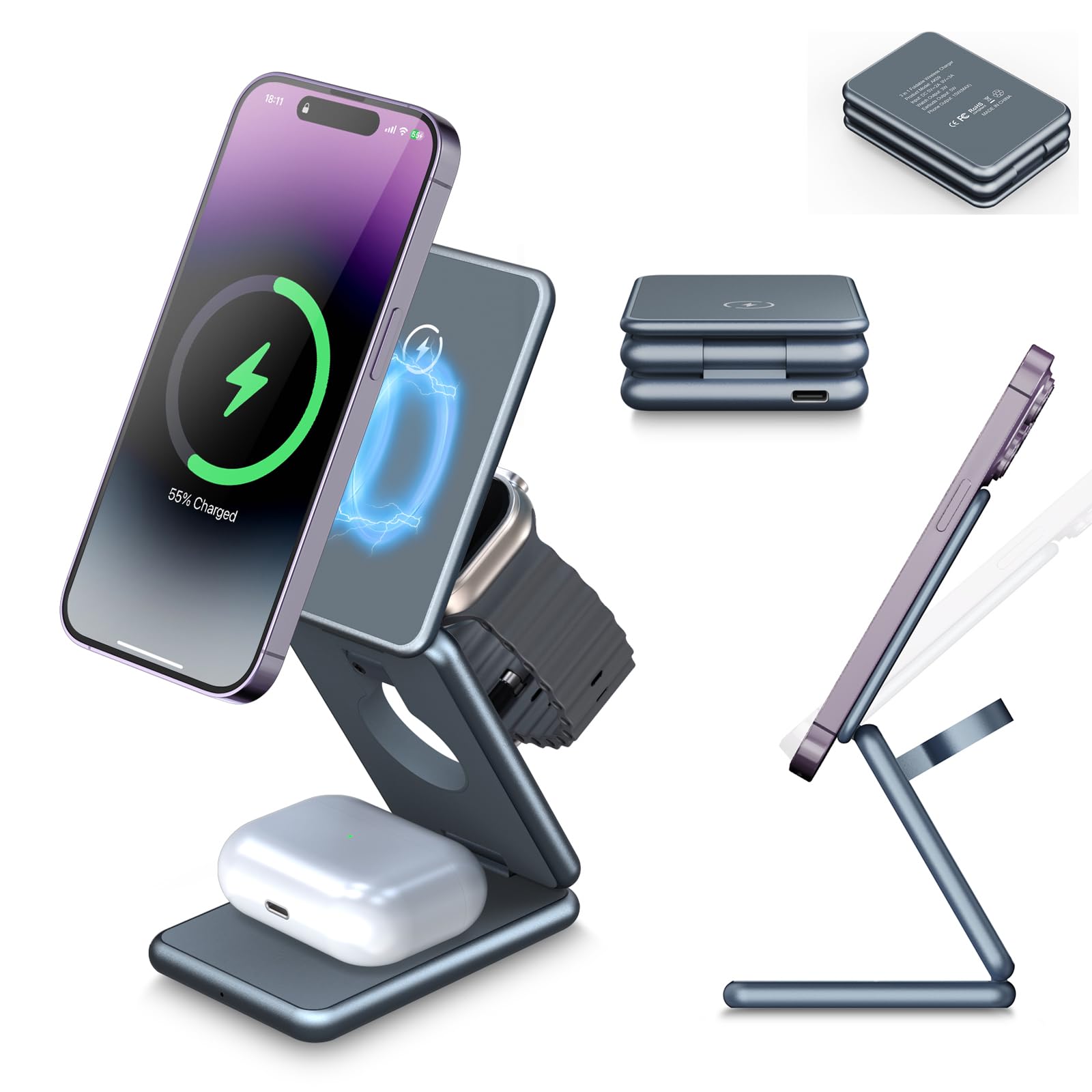 Wireless Charger Station for iPhone 16/15, Foldable 3in1 Wireless Charger Stand for iPhone 16/15/14/13/12 Series, iWatch, AirpodsPro/3/4, Fast 15W Magnetic Charger Stand with Stylish Aluminum Design