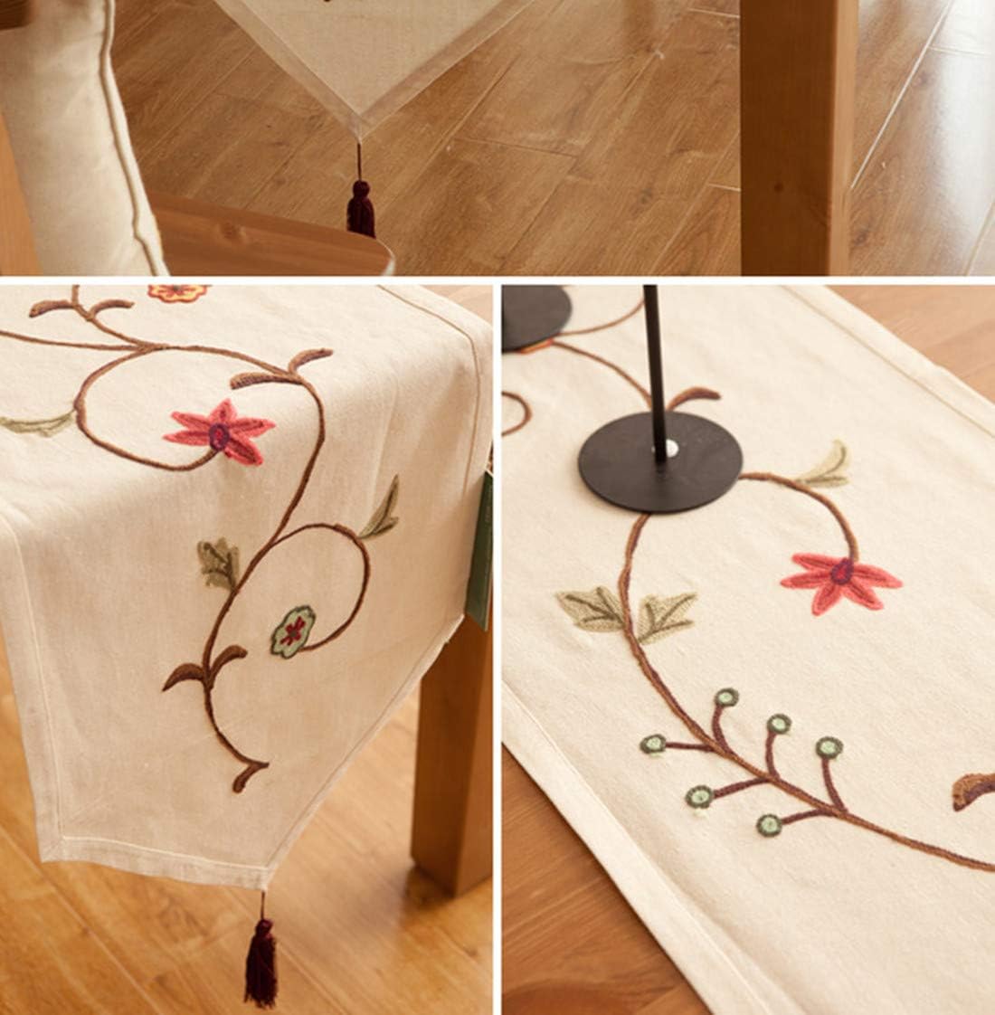 Ethomes Floral Embroidered Linen Cotton Burlap Beige 87 x 16 inches Approx Table Runner with Tassles: Home & Kitchen