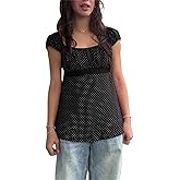 VnimVinter Women Fairy Grunge Y2k Babydoll Shirt Cap Sleeve Micro Polka Dot Tie Back Flowy Babydoll Top Preppy Clothes