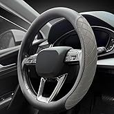 LKWLIKEI Nappa Leather Steering Wheel Cover,Elegant Diamond Checkered Design, Non-Slip wear-Resistant, Enhance Driving Comfort, Suitable for Steering Wheel Diameter 14 1/2‘-15’ Models.Black Gray