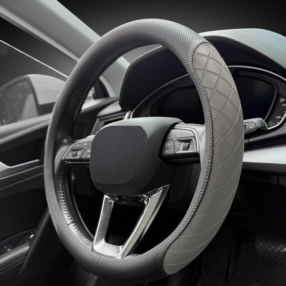 Photo 1 of LKWLIKEI Nappa Leather Steering Wheel Cover,Elegant Diamond Checkered Design, Non-Slip wear-Resistant, Enhance Driving Comfort, Suitable for Steering Wheel Diameter 14 1/2‘-15’ Models.Black Gray