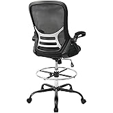 HYLONE Drafting Chair, Tall Office Chair, High-Back Mesh Standing Desk Stool Chair, Ergonomic Home Office Desk Chair with Adjustable Footrest Ring, Flip-Up Arms, Rolling Swivel Wheels, Black