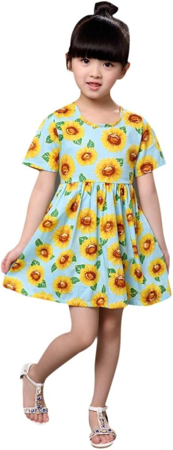 Amazon Co Jp Inkach 小さな女の子ドレス子供夏ひまわり半袖プリンセスドレス カラー ベージュ 服 ファッション小物