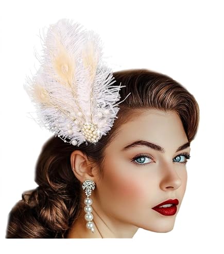 4769 1920s Peacock Feather Hair Clip Flapper Fascinators White Pearl Gatsby White Peacock Feather Hair Clip | Green Great Gatsby  main image 4