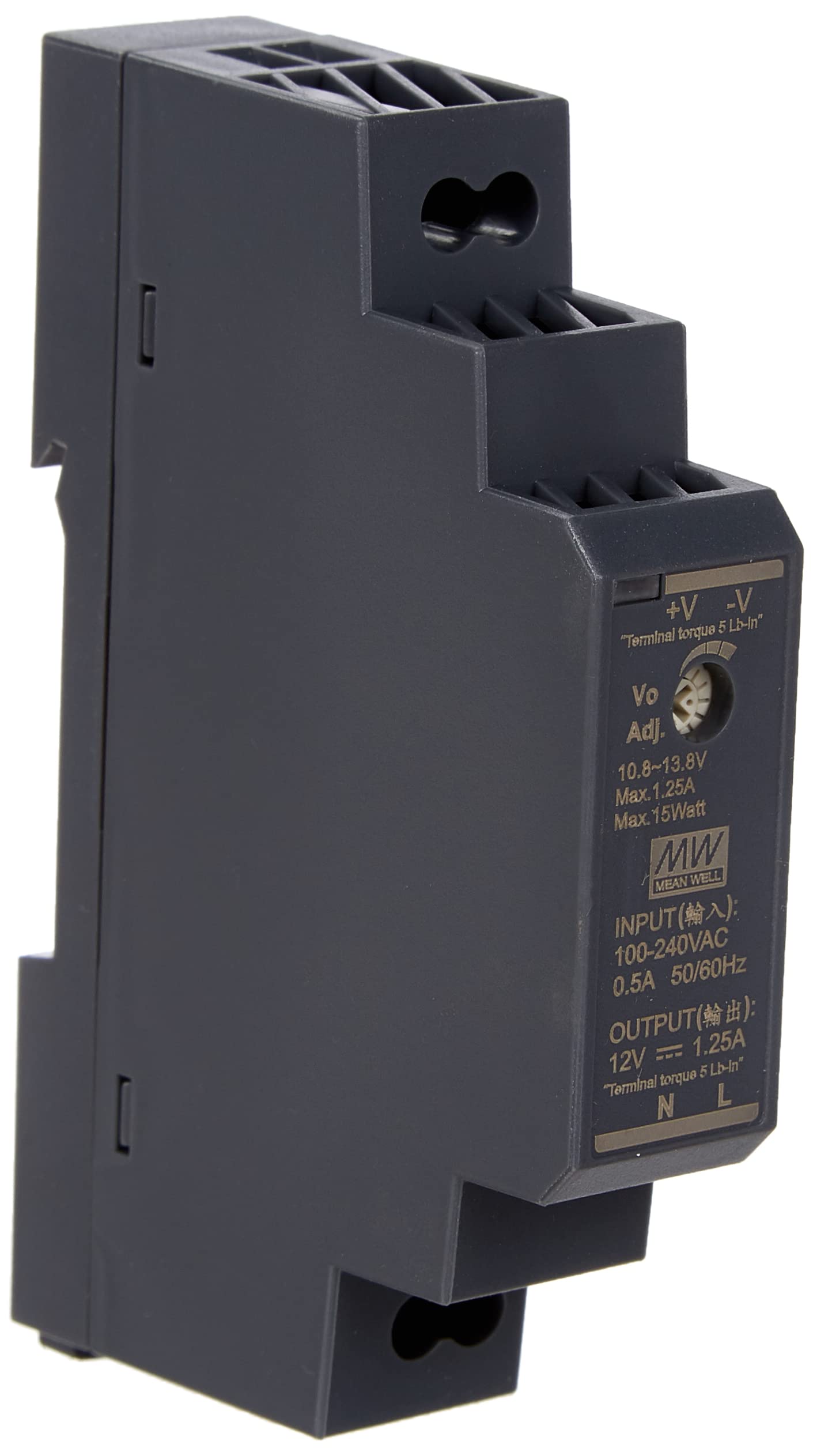 Top-hat Rail Power Supply 15 W 12 V 1.25 A; MeanWell HDR-15-12; DIN-Rail Transformer