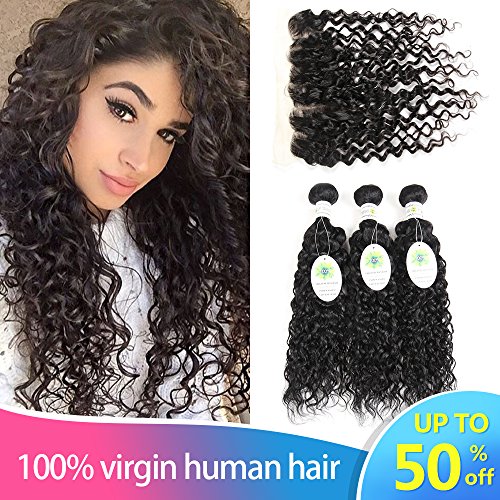 Peruvian Water Wave 3 Bundles with Frontal 13x4 Free Part Lace Frontal Virgin Human Hair Bundles Curly Hair Extensions Natural Color (14 16 18 with 12)