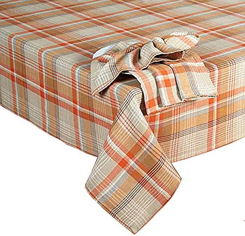 Hay Plaid Grey Rust Tan with Silver Metallic Threads Fabric Tablecloth (60 x 84 Oval)