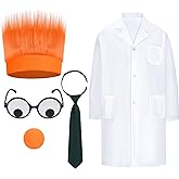JcHrmers 5 Pcs Funny Halloween Costume Accessories Set Orange Hairy Headband Wiggly Glasses Orange Nose Lab Coat Dark Green Tie for Adult Character Cosplay