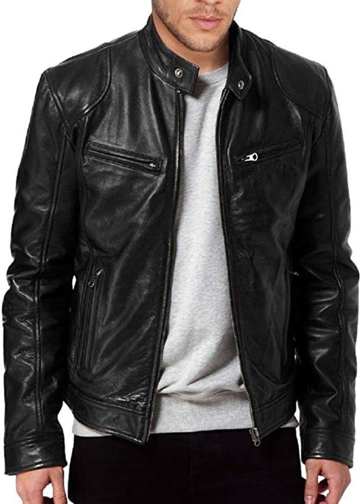 Men's Bomber Jackets Casual Zip Up Slim Leather Jacket