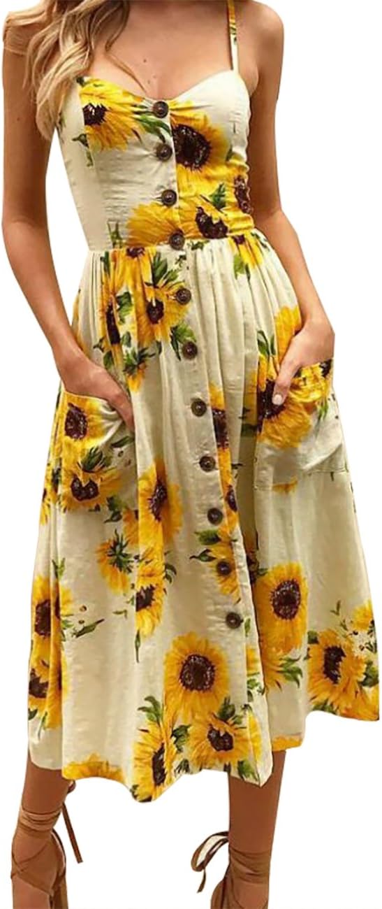 Women's Summer Floral Bohemian Sleeveless Strap Button Down Swing Midi Dress with Pockets