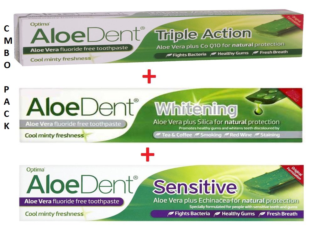AloeDent Triple Action & Whitening & Sensitive Aloe Vera Fluoride-Free Toothpaste 100ml ||COMBO PACK
