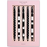 Kate Spade New York Black Ink Pen Set of 5, Cute Plastic Click Pens, Dots and Stripes