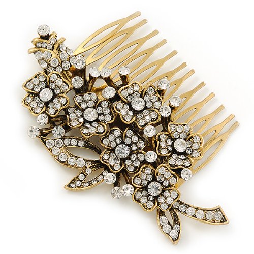 Vintage Inspired Clear Austrian Crystal 'Flowers' Side Hair Comb In Antique Gold Tone - 95mm