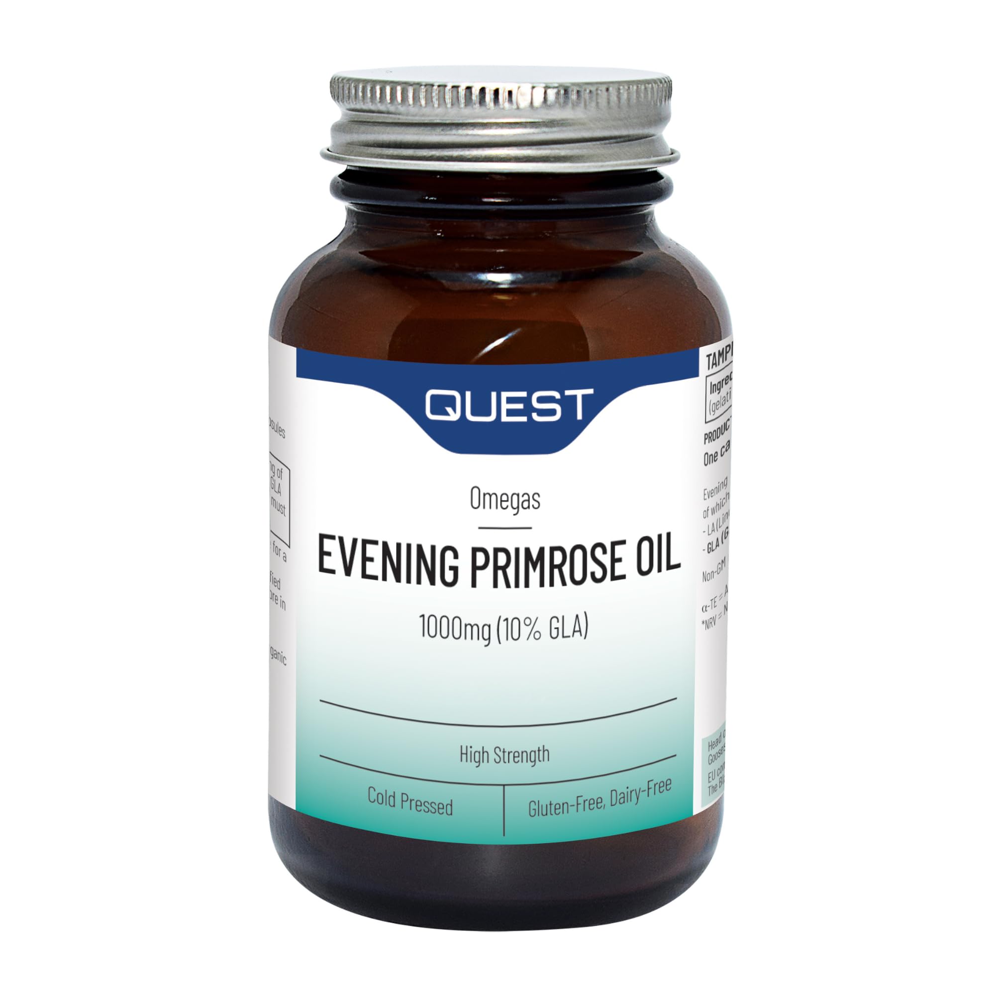 Quest Evening Primrose Oil 1000mg - 90x Primrose Oil Capsules 1000mg for Skin Support & Hormonal Balance. Cold Pressed Primrose Oil with 10% (100mg) GLA per 1000mg Capsule