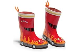 Kidorable Red Fireman Natural Rubber Rain Boots w/Fun Flame Pull On Heel Tab