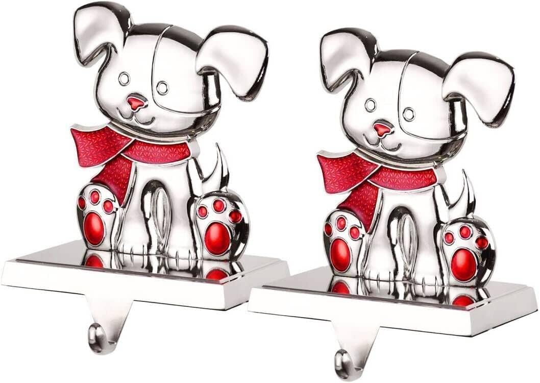 Ornament Hooks - Set of 2 Dog Stocking Holder for Mantel - Silver Metal Christmas Stocking Hangers for Fireplace- Christmas Mantel Hooks Hanger Grips for Fireplace Decoration (Dog Set of 2)