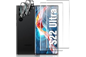 OUYTEU [2+2 Pack] Galaxy S22 Ultra 5G Glass Screen Protector, 9H Hardness Tempered Glass Scratch Resistant, Compatible Fingerprint Unlock, 3D HD Curved, For Samsung Galaxy S22 Ultra 6.8 Inch Camera Protector