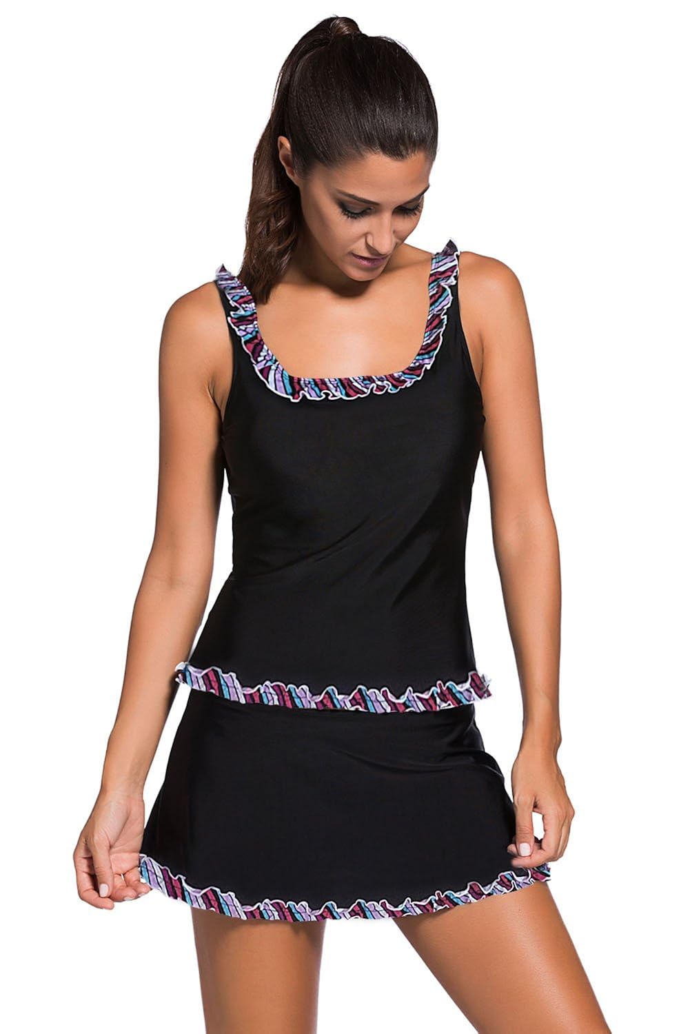 boldgal women's beach swimwear ruffle trim tankini (black)