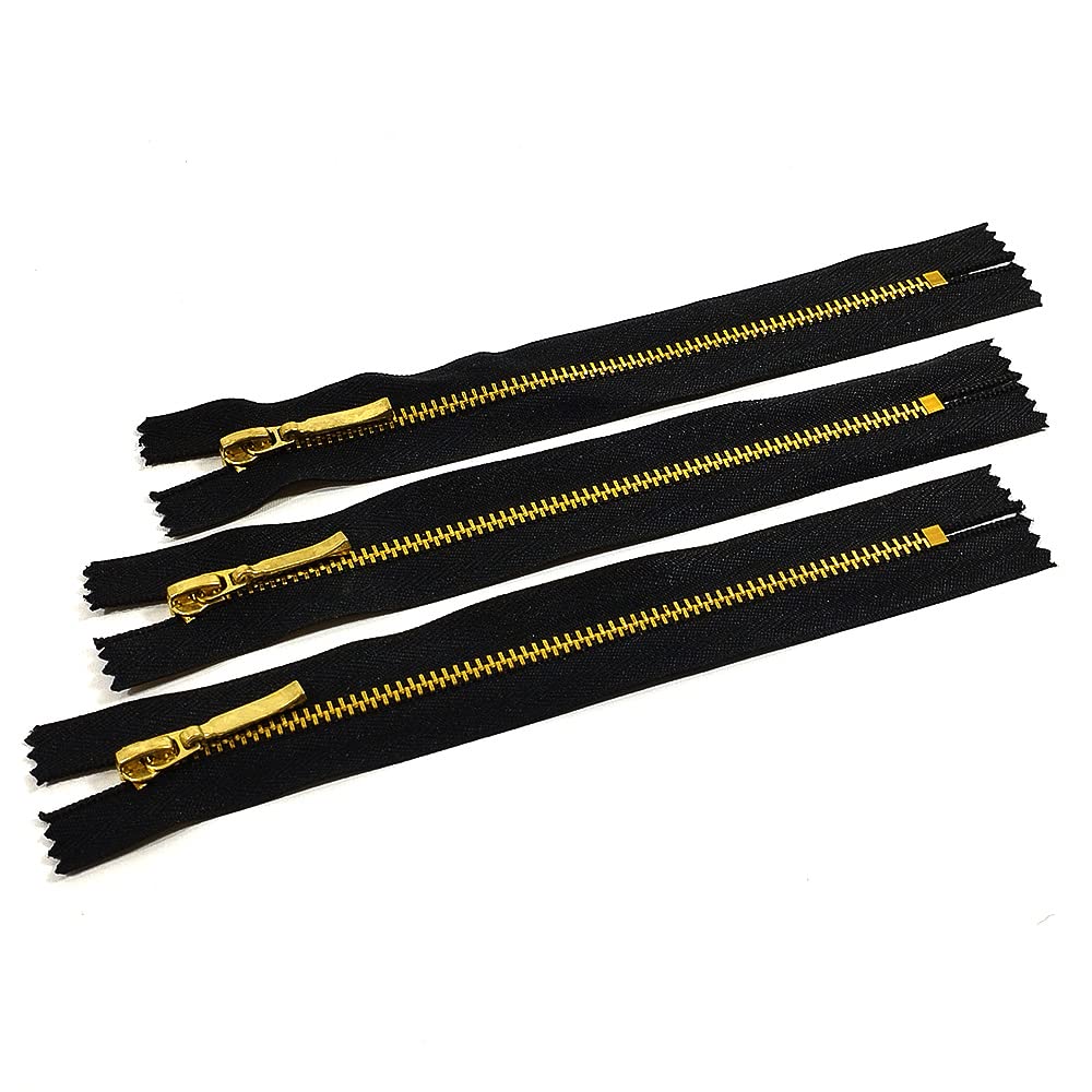 2 Pieces/Pack Zipper Brass Closed 35 cm, Metal Zipper 3#, Zipper for Sewing, Black and Golden, (35cm, 999)
