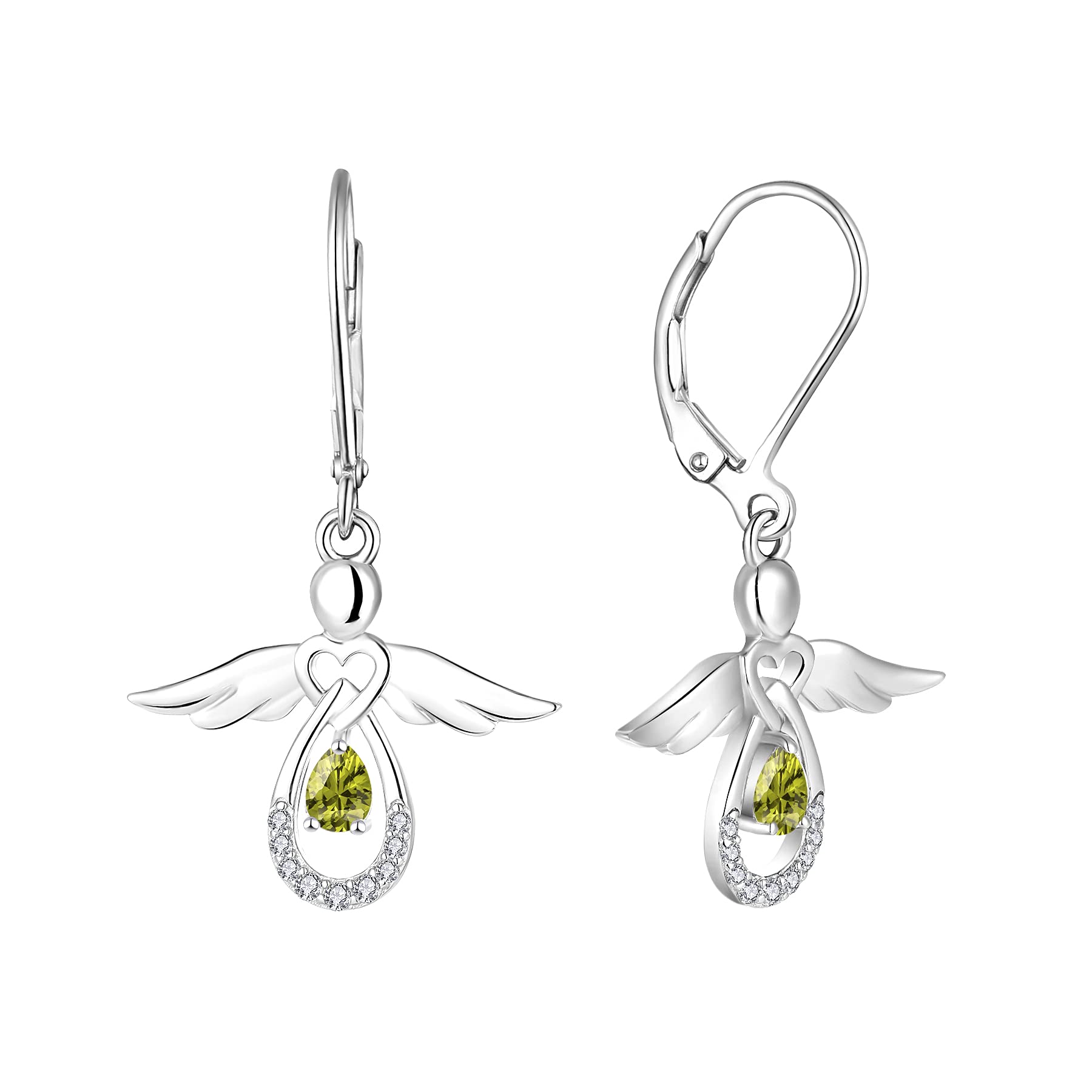 FJ Guardian Angel Earrings 925 Sterling Silver Leverback Dangle Drop Earrings Peridot August Birthstone Jewellery for Women