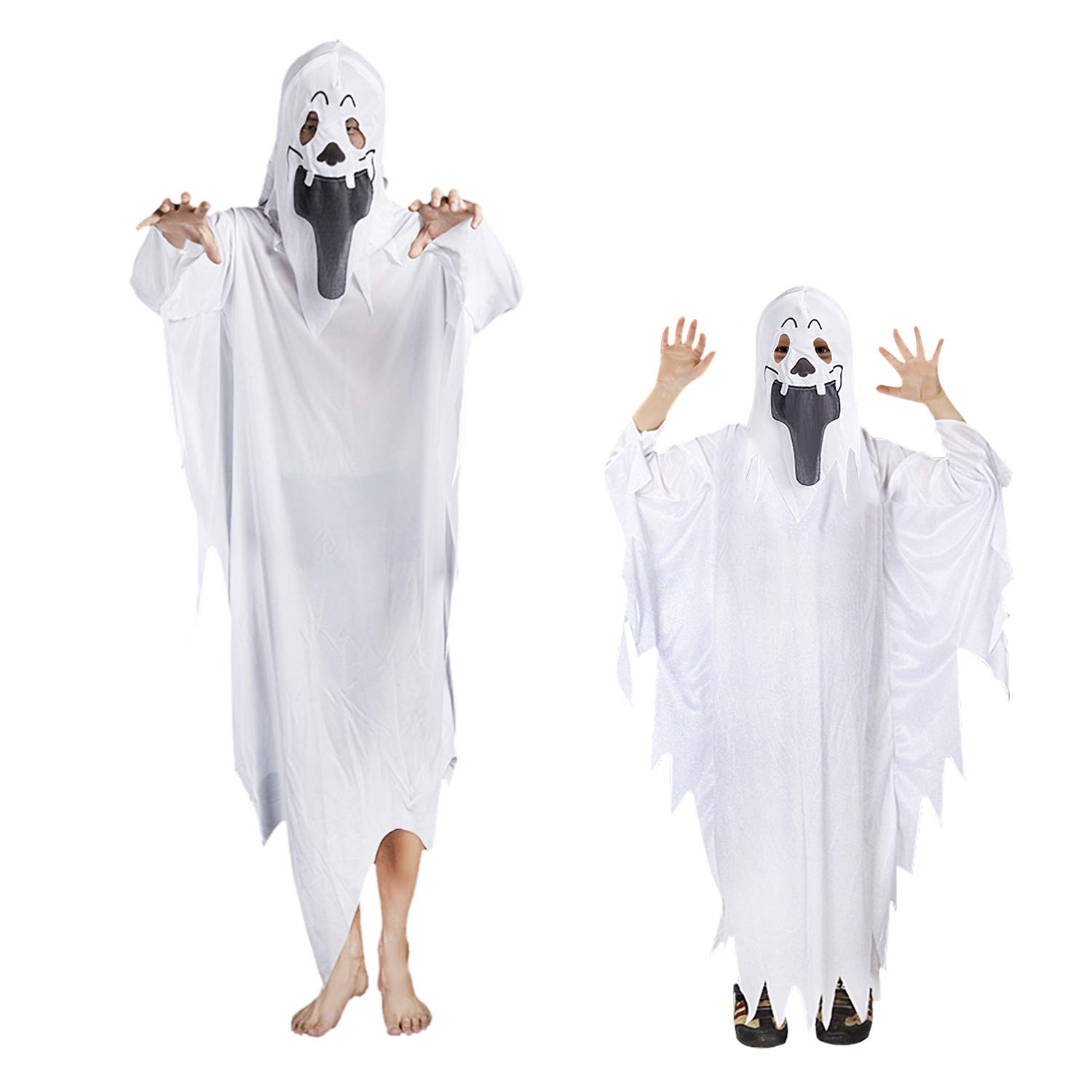 Halloween Ghost Costume Kids Hooded Cape with Full Head Cover Women Men Cosplay Robe Scary Fancy Dress Zombie Cloak White Devil Soul Dress Set with Headwear Party Supplies