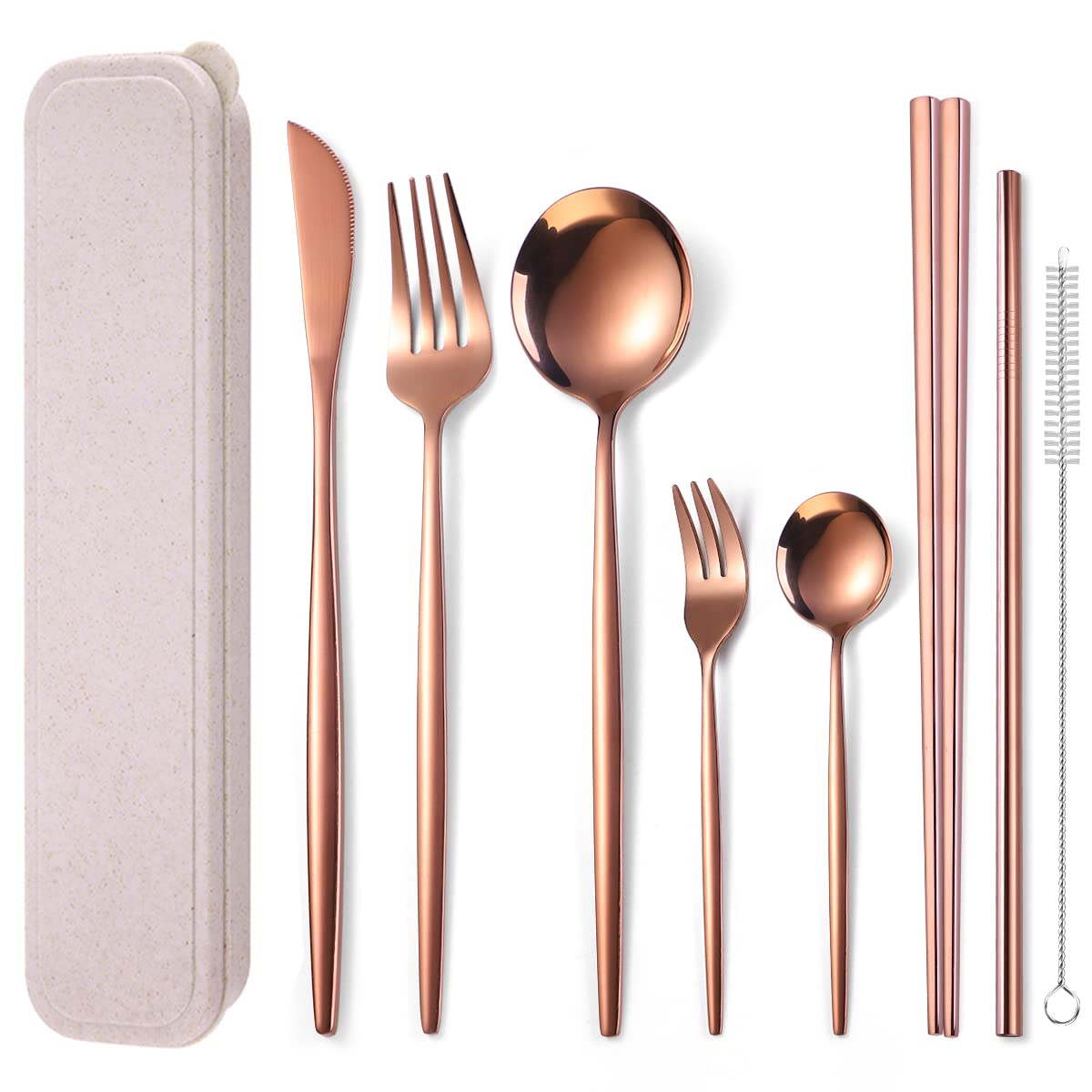 Photo 1 of **MINOR DAMAGE**
AARAINBOW 8 Pieces Stainless Steel Flatware Set Portable Reusable Cutlery Set Travel Utensils Set Including Chopsticks Knife Fork Spoon Straws Cleaning Brush Dishwasher Safe (Rose Golden)