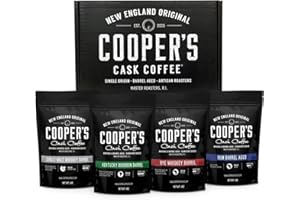 COOPER'S CASK COFFEE Bourbon & Whiskey Barrel Aged Coffee Box Set with Four Whole Bean Single Origin Coffees (Colombia, Sumatra, Ethiopia, Rwanda) Premium Small-Batch Gourmet Roasted Coffee Gift (Pack or 4)