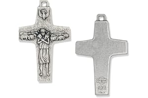 CARITAS ET FIDES Official Pope Francis Cross Crucifix Good Shepherd Vatican Authentic Pectoral Cross, Rosary Parts Cross for Rosary Making - Large 2" Silver Oxidized Metal Rosary Making Supplies, Made in Italy
