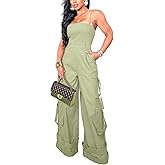 BOKITECAO Womens Cargo Jumpsuit Sexy One Piece Outfit Wide Leg Romper Multi Pockets Overalls