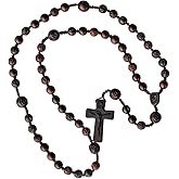 IHM Imports Sine Cera Jujube Wood 5 Decade Catholic Rosary, Laser Engraved Centerpiece, Smooth 10/12mm Rose Carved Beads
