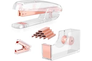 ALSISK Desk Accessory Kit,Acrylic Stapler Set, Tape Dispenser, Staple Remover with 1000pcs 26/6 Staples -Rose Gold