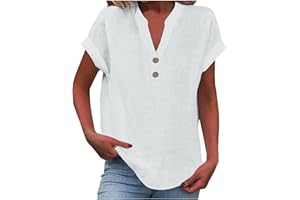 Cotton Linen Button Down Shirt for Women - Oversized V-Neck Short Sleeve Blouse Top, Casual Tunic Shirts for Work