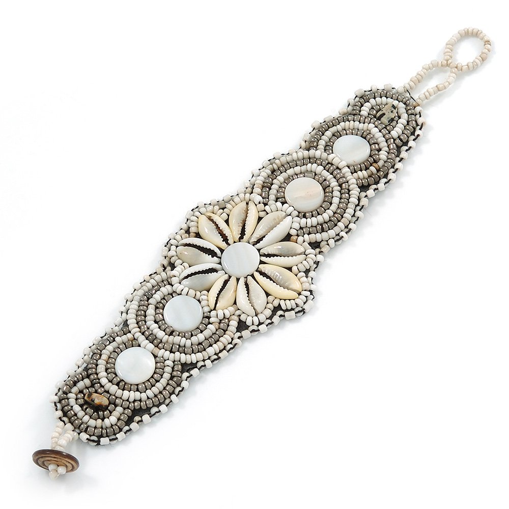 Avalaya Handmade Boho Style Beaded, Shell Wristband Bracelet (White, Cream, Silver) - 16cm L/ 2cm Ext